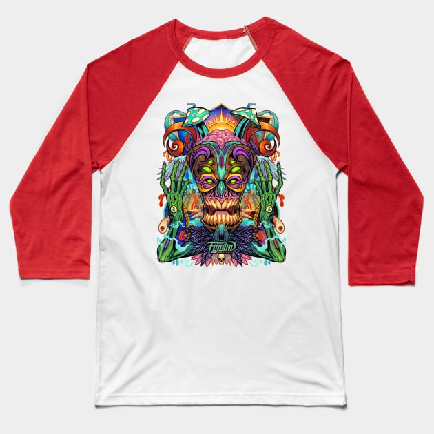 Psychedelic Tiki Creature Baseball T-Shirt by FlylandDesigns